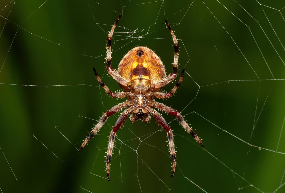 A beautiful hairy field spider (Neoscona sp) on its web in the wild in KwaZulu-Natal, South Africa